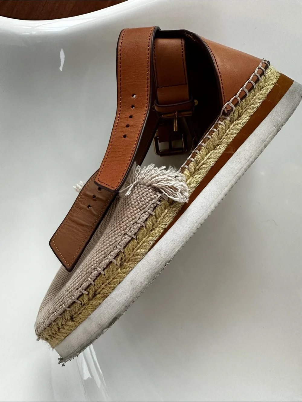 See By Chloe Beige Canvas Espadrille Sandals with Tan Ankle Straps